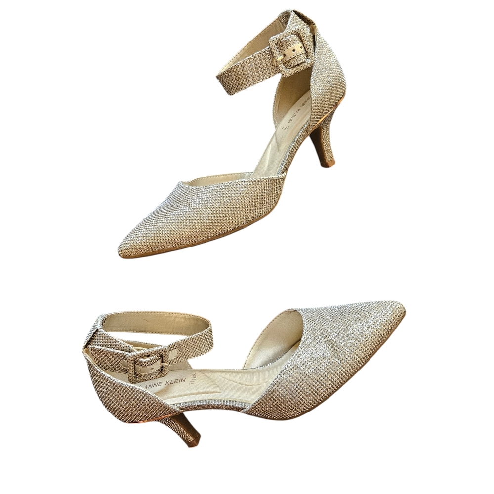 Anne Klein Women's Gold Ankle Strap Kitten Heels Size 6.5 Party Wedding Guest